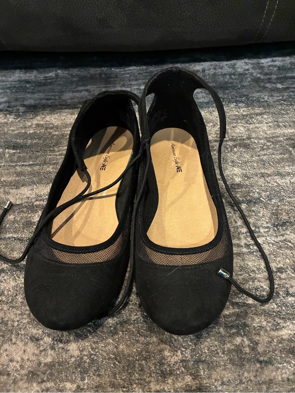 American Eagle Outfitters Black Lace-Up Ballet Flats with Mesh Trim